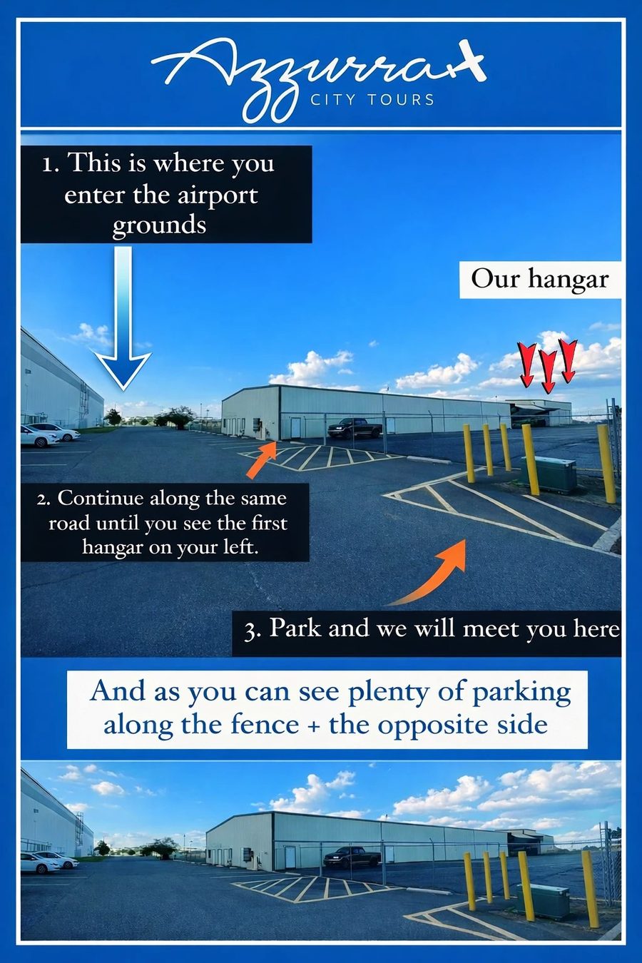 Arrival guide: enter the airport grounds, follow the road to the first hangar on the left, park along the fence and we meet you there
